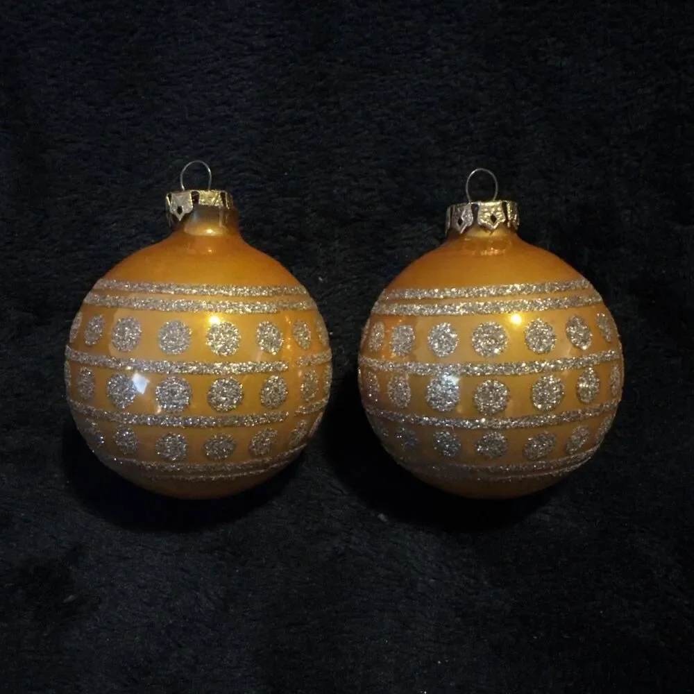 2 Vintage 50s Shiny Brite Gold Circle of Glitter Christmas Ornaments